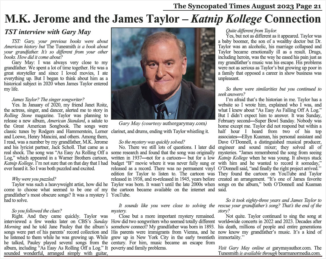 Photo page 21 of the 2023 August edition of The Syncopated Times - article 'M.K.Jerome and the James Taylor - Katnip Kollege Connection'